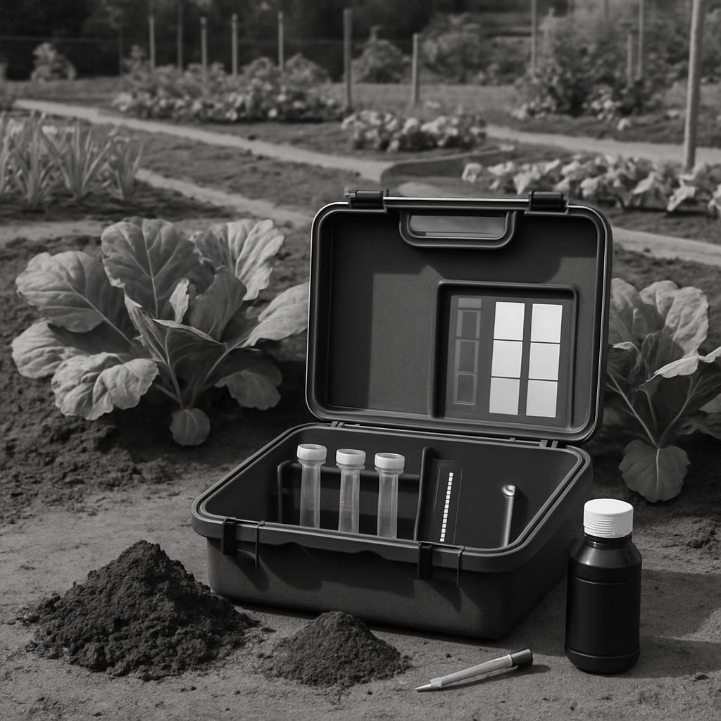A black, solid case containing various items rests open on ground-level soil, situated in front of a vibrant garden. The c...