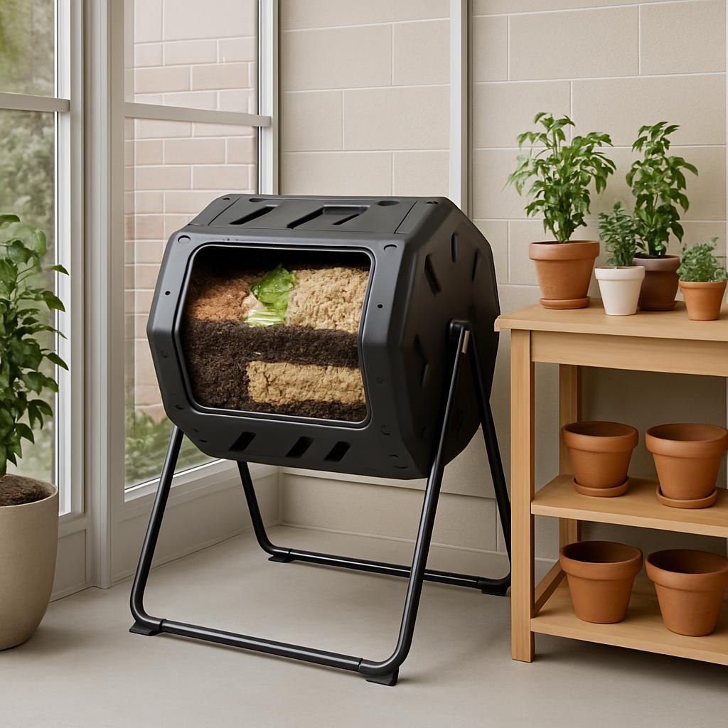 This is an image of a compost tumbler and some potted plants. The paint is faded on the pot of the plant in the corner, an...