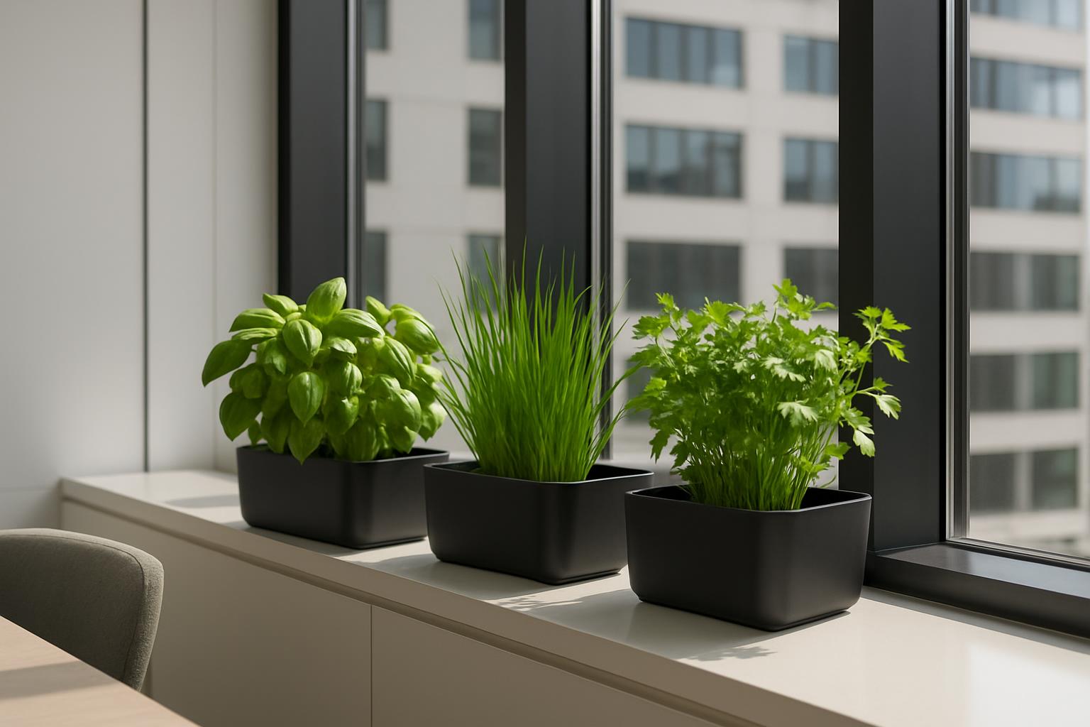A window sill with four potted herbs, including basil, chives, and parsley, set against a cityscape backdrop.